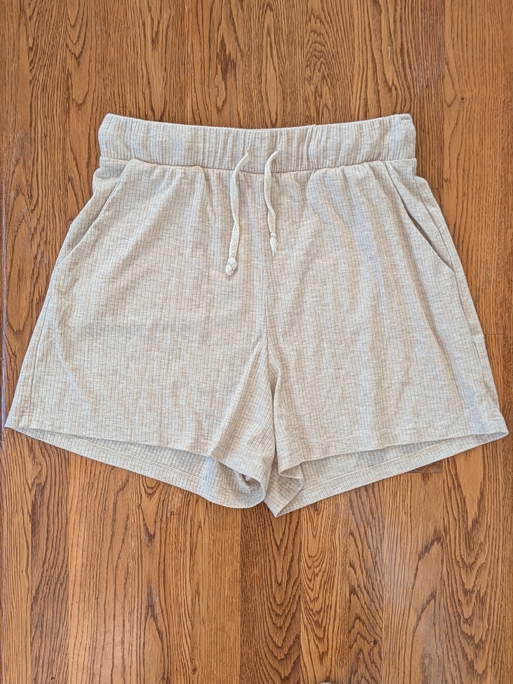Entro Beige Ribbed Knit High Rise Drawstring Lounge Shorts